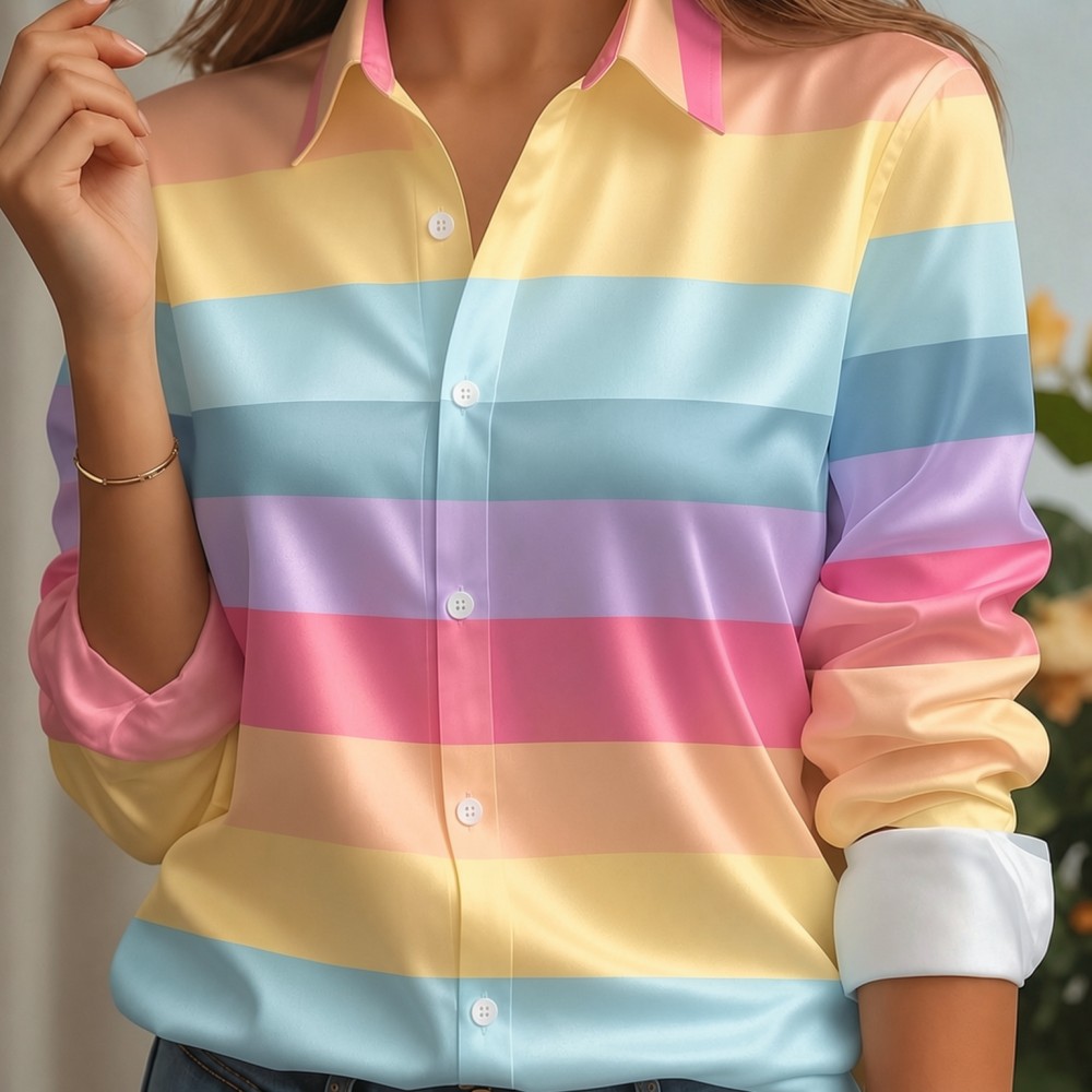 Women Fashion Blouse - Dames satijnen overhemd met reverskraag, pastelkleurige