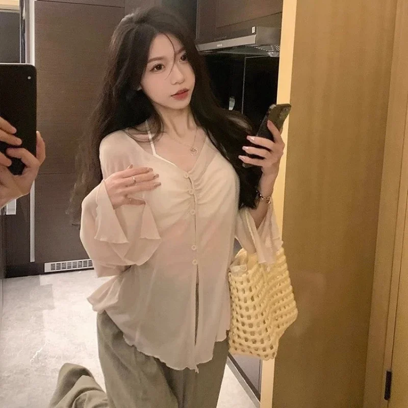 Women Fashion Blouse - Doorzichtige blouse met wijde mouwen -