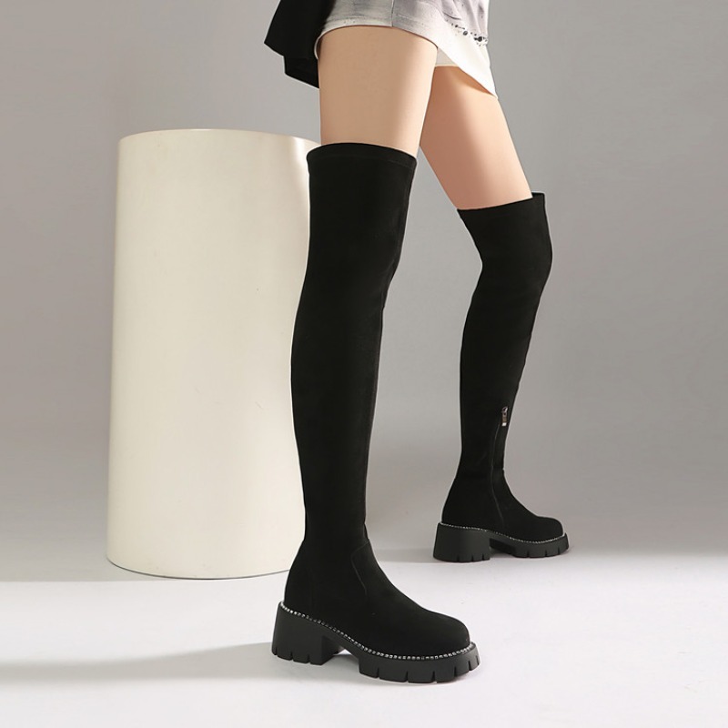 Women Fashion Over 40 - Damesmode Echt Lederen Fluwelen Overknee Laarzen