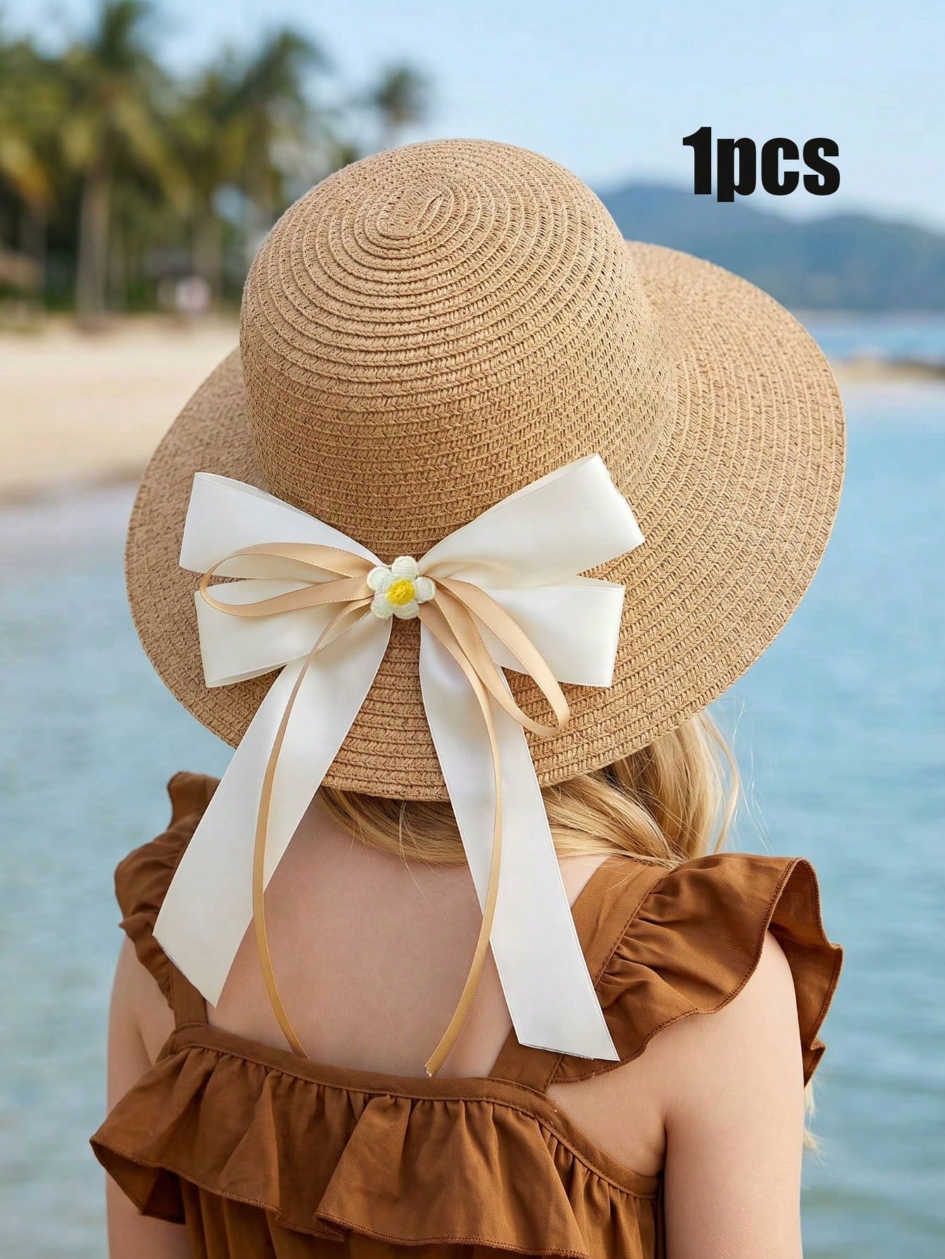 Straw Hat Summer - 1Pc 3-8Y Meisjes Koffie Boog Strohoed